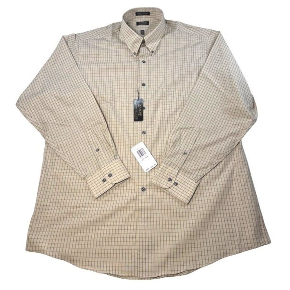 New Arrow Dress Shirt Tan Black Check Stain Wrinkle Free Long Sleeve Men 34/35 L